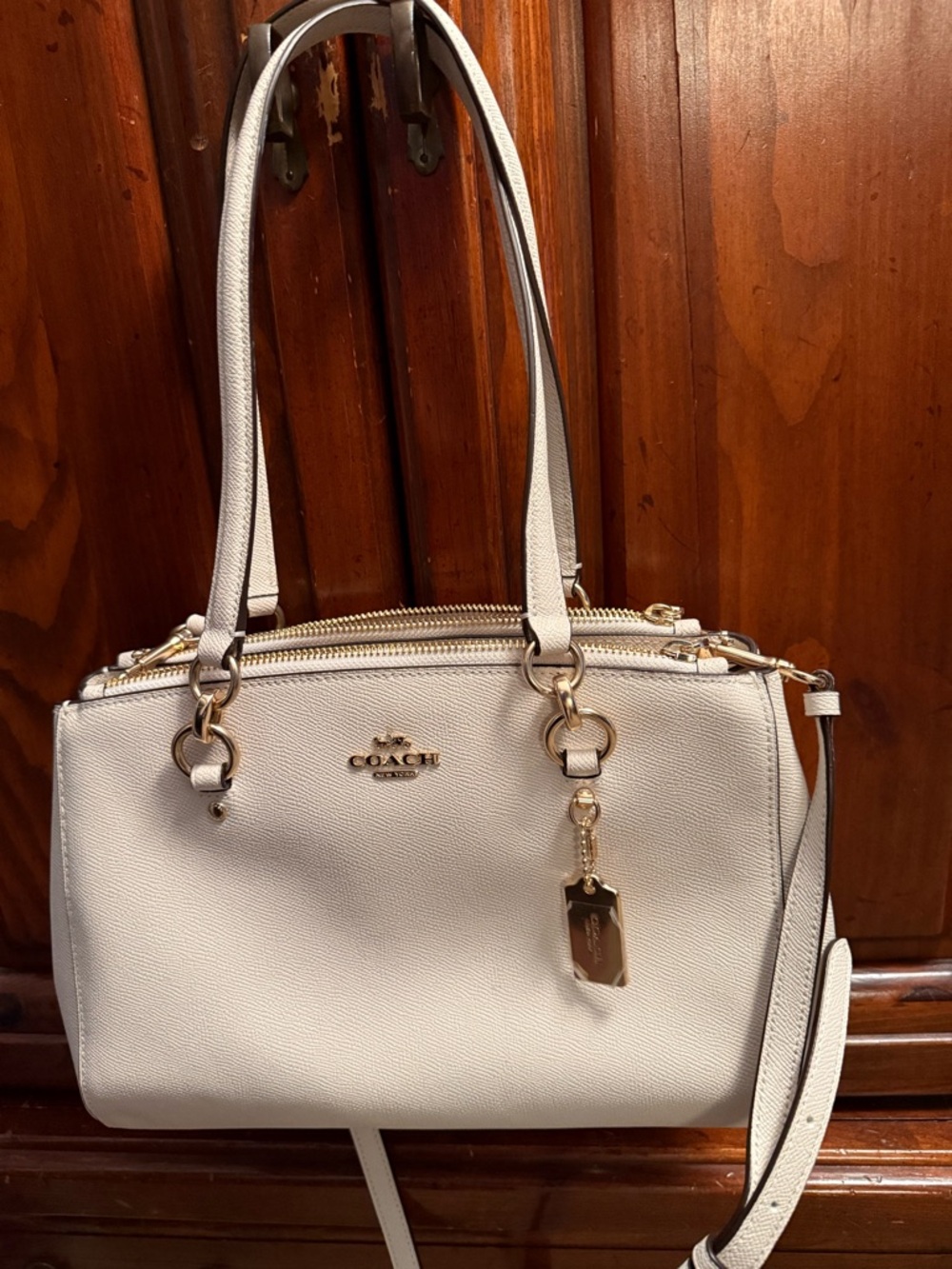 Coach White Pebble Leather Double Zip Satchel